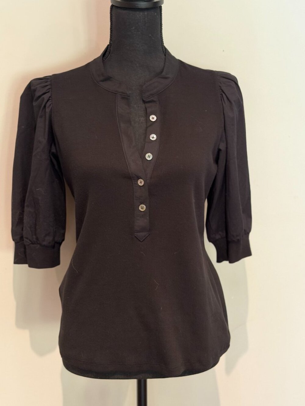 Veronica Beard Jeans Puff Sleeve Henley Top Black Size Medium